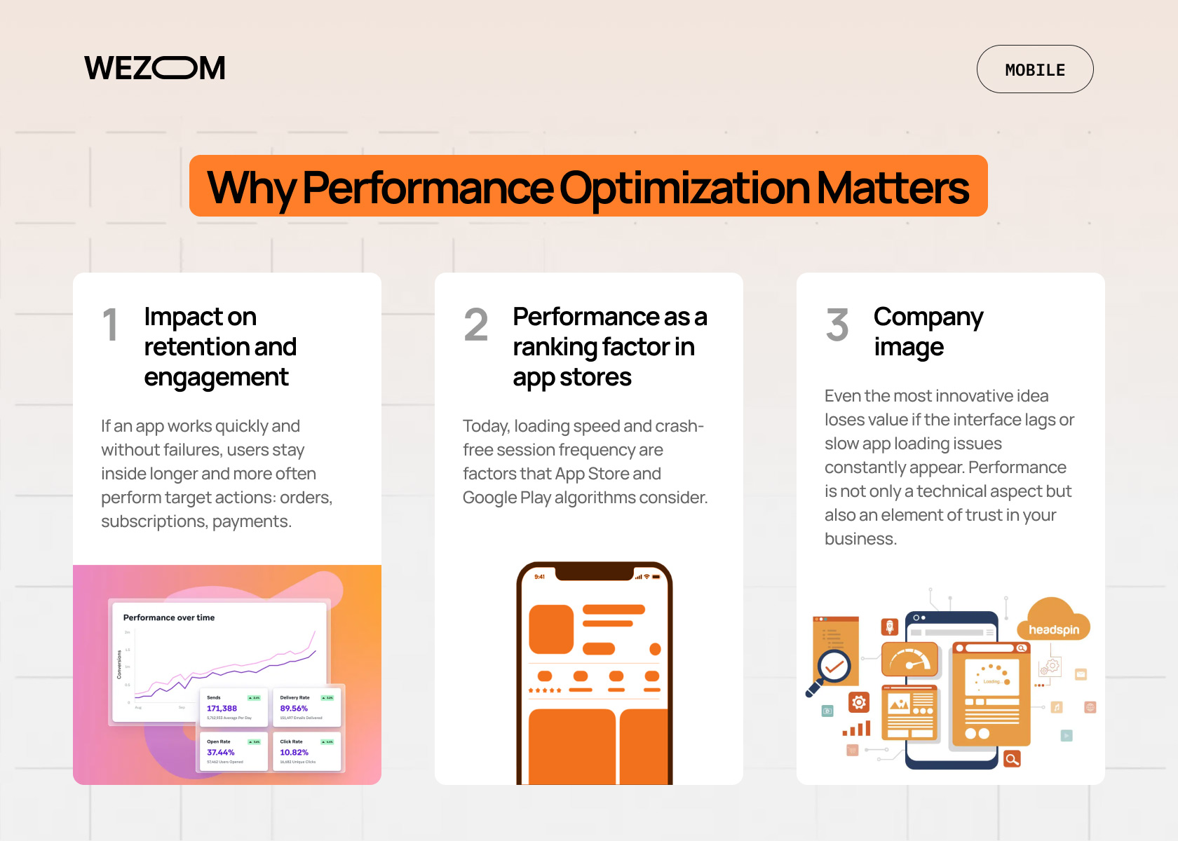 Why performance optimization matters for mobile apps – key benefits like engagement, app store ranking, and company trust.